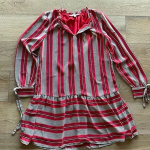 LOFT Red and Cream Striped Long-Sleeve Tiered Dress